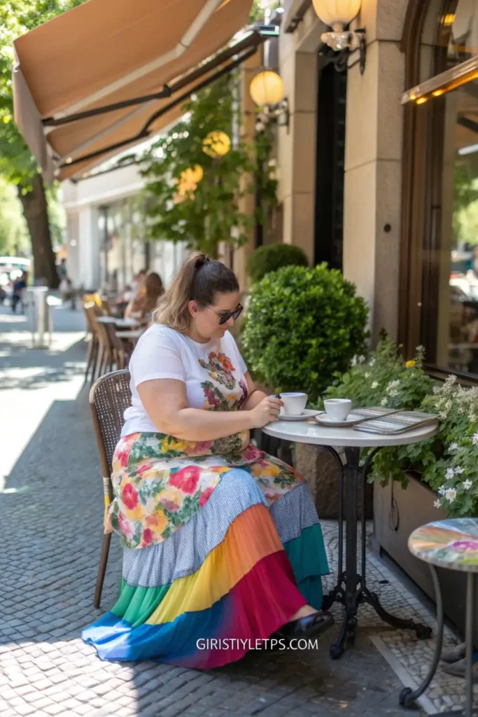 Size 16 woman wearing playful summer girl outfit with flowy tiered skirt and casual graphic tee for versatile warm-weather styling.