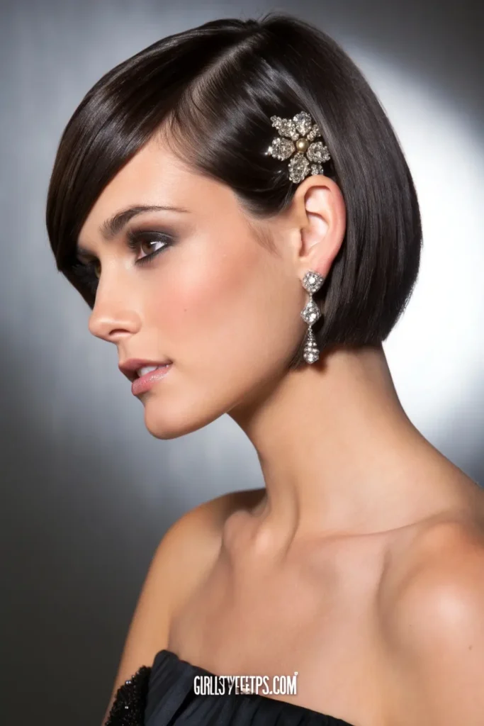 Sleek bob prom hairstyle with decorative hair accessories perfect for short hair formal styling.