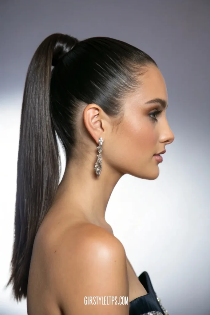 Sleek high ponytail prom hairstyle showing glossy finish and elegant profile suitable for formal events.