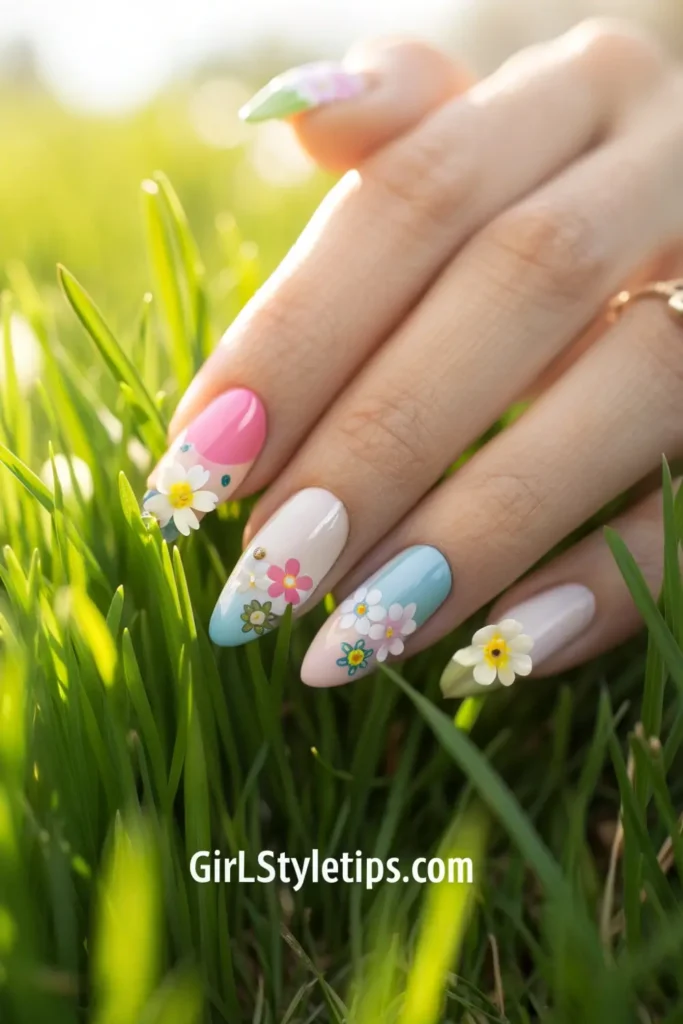 Spring Nail Art with French Tips and Floral Accents
