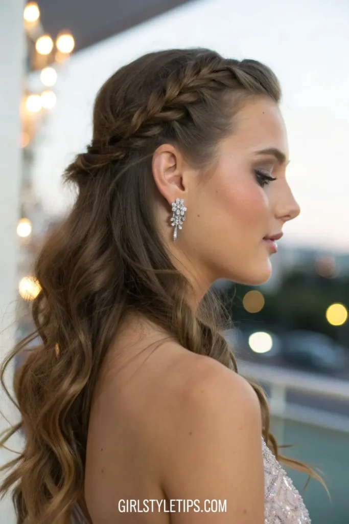 Stunning half-up crown braid prom hairstyle with loose waves perfect for formal events.