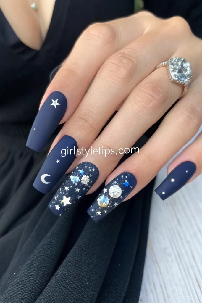 Stunning prom nail ideas featuring celestial night sky design with stars and moons perfect for evening formal events.