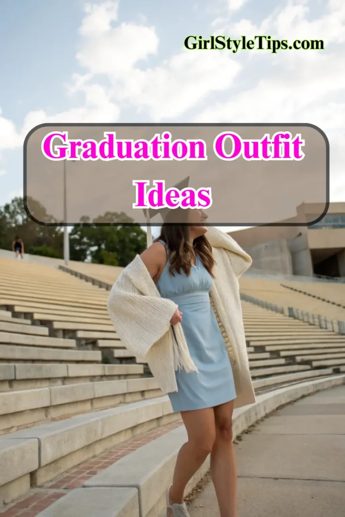 Woman demonstrating layered graduation outfit approach for weather adaptability during college commencement ceremonies.