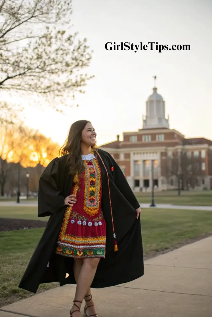 Woman honoring cultural heritage through traditional attire combined with academic regalia for college commencement ceremony outfit.