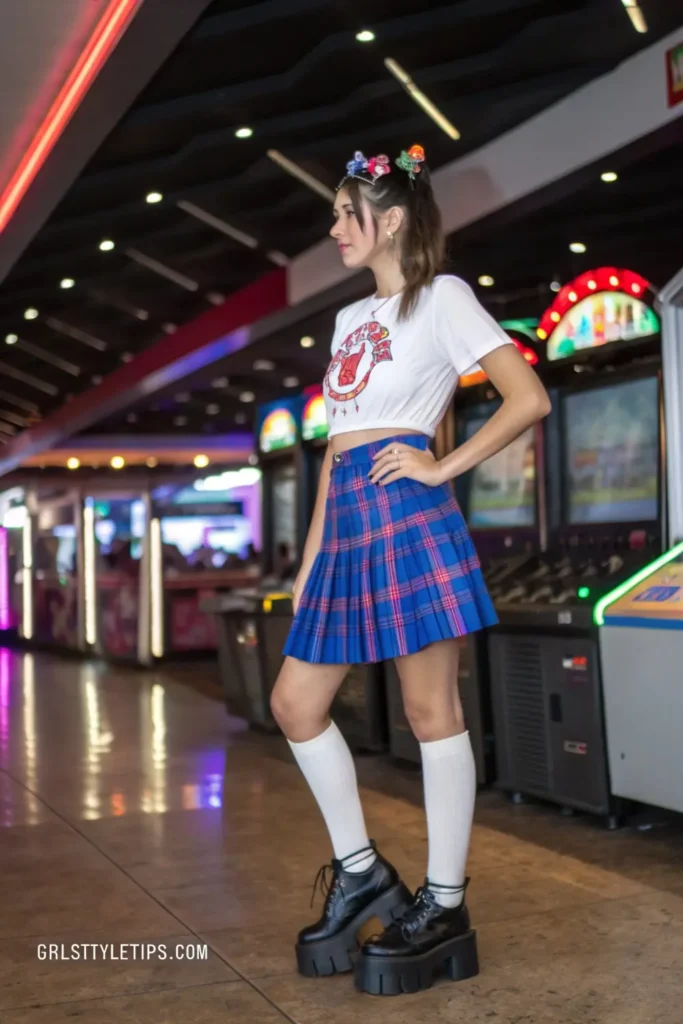Woman in Y2K-inspired pleated mini skirt outfit with platform boots and hair clips, capturing the playful school-girl aesthetic of early 2000s fashion