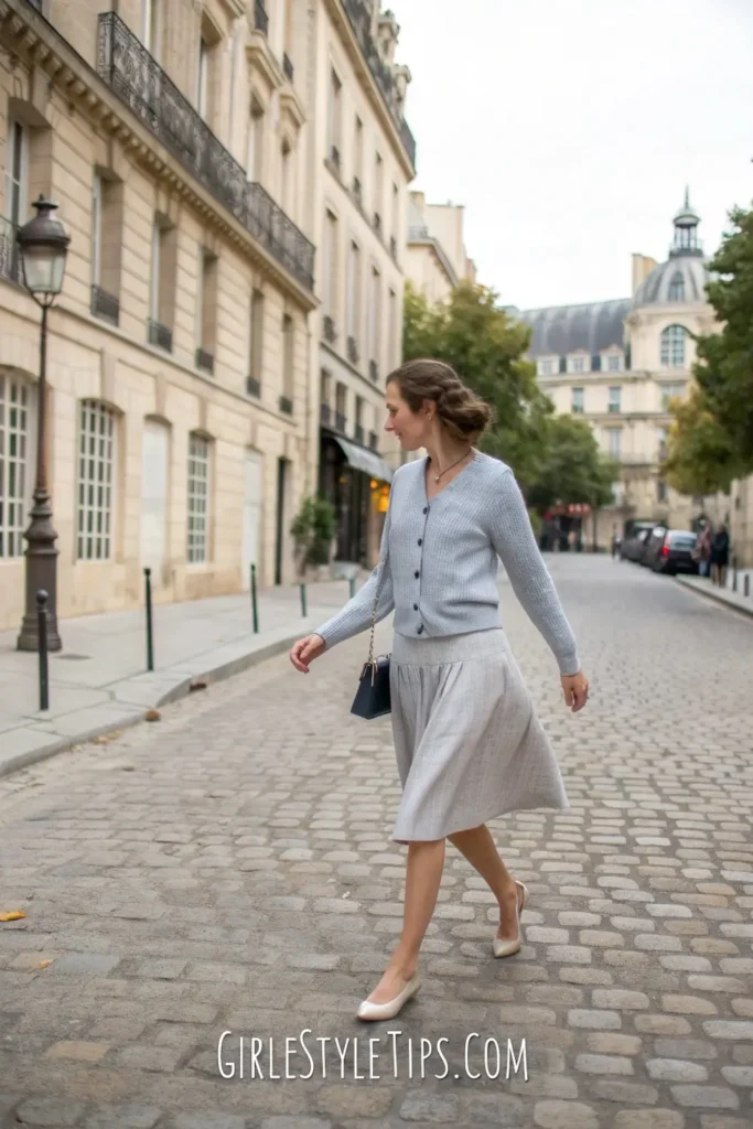 Woman in buttoned cardigan and A-line skirt old money outfit in Paris.