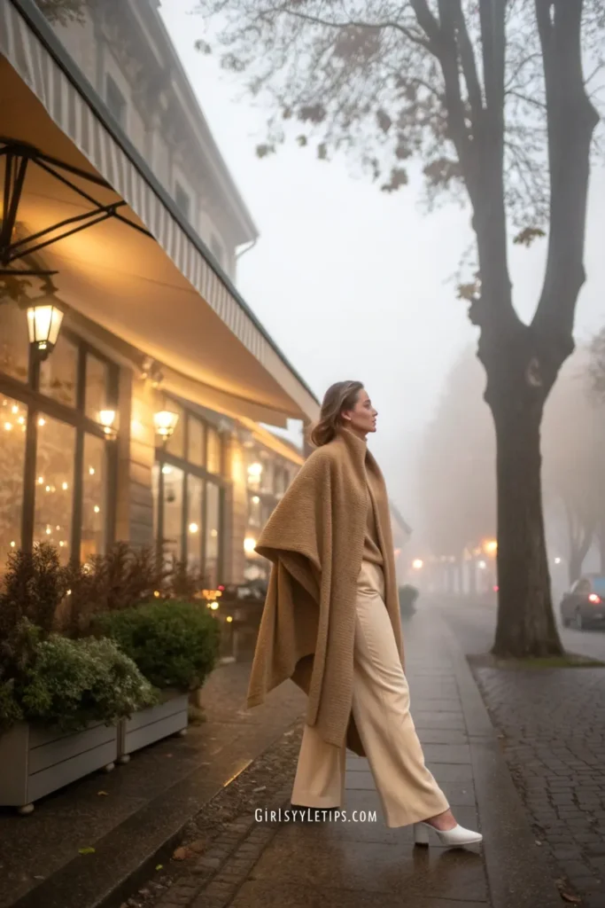 Woman in cashmere poncho and wide-leg pants old money chic outfit in café.