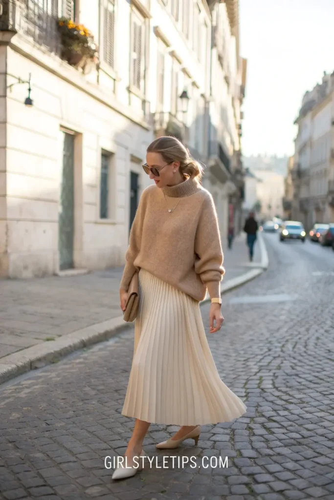 Woman in cashmere sweater and pleated skirt old money outfit on European street.