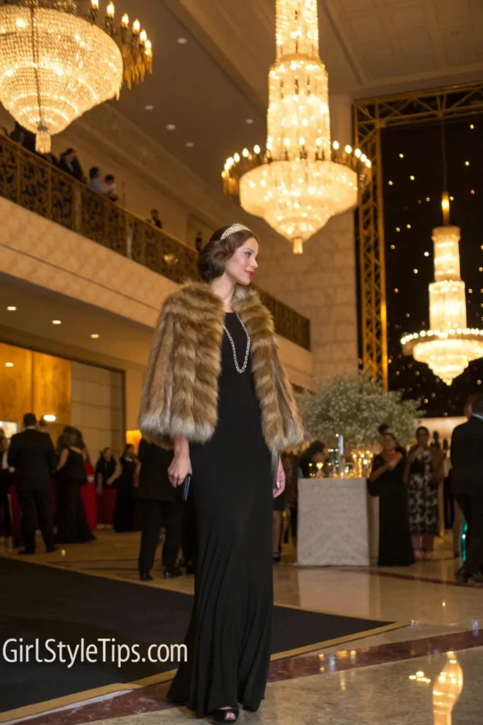 Woman in classic black dress and fur stole old money gala outfit.