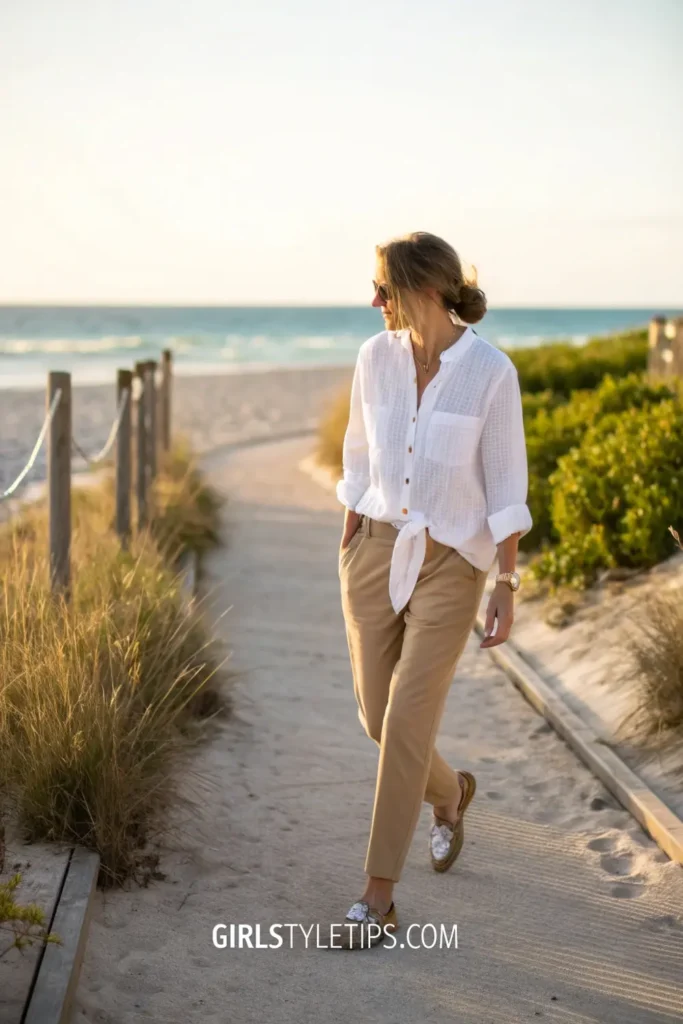 Woman in linen shirt and chinos old money outfit at the beach.