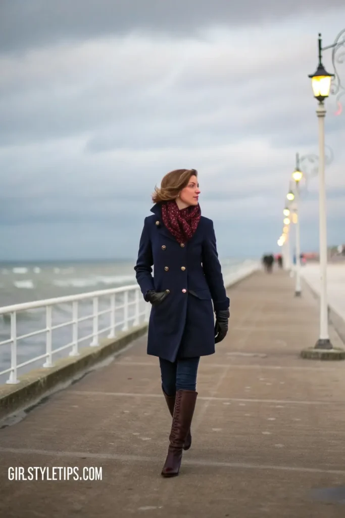 Woman in peacoat and wool scarf old money winter outfit by the pier.