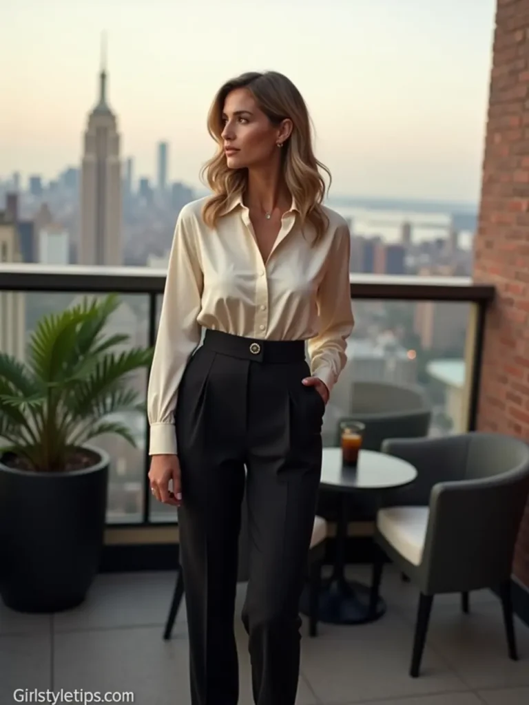Woman in silk blouse and high-waisted trousers old money outfit at rooftop bar.