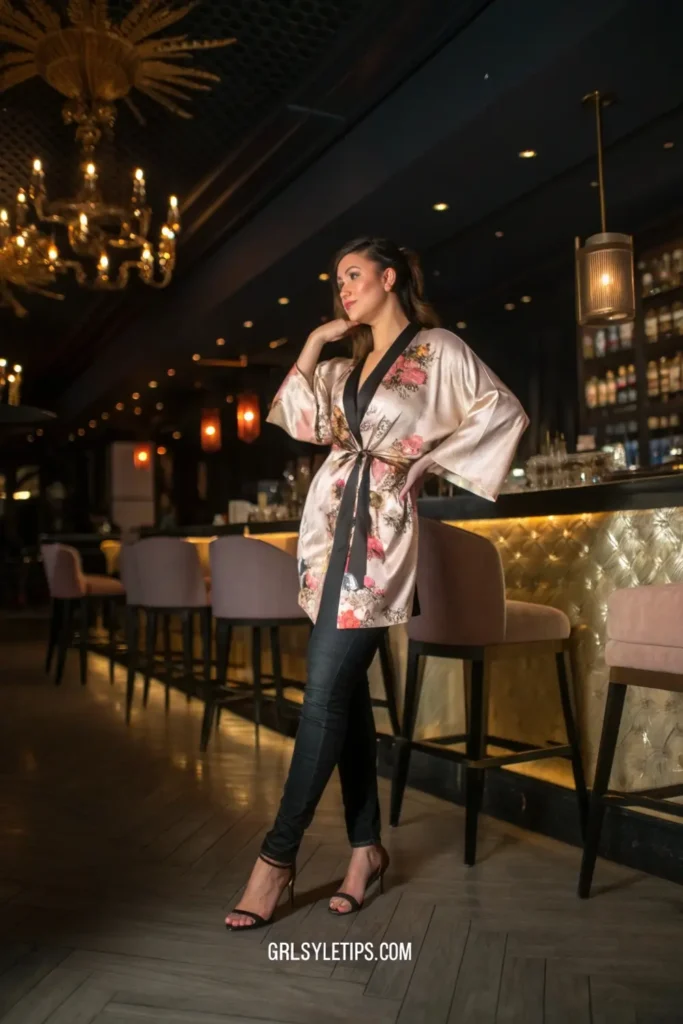 Woman in silk kimono and skinny jeans old money chic outfit at bar.