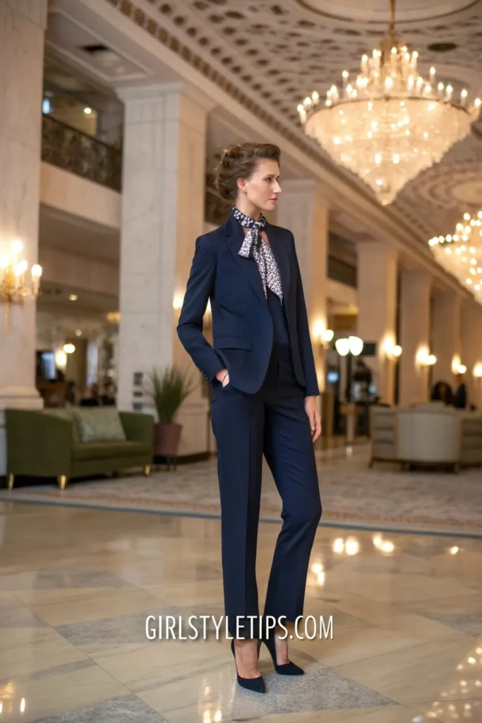 Woman in tailored suit and silk blouse old money outfit in luxury hotel lobby.