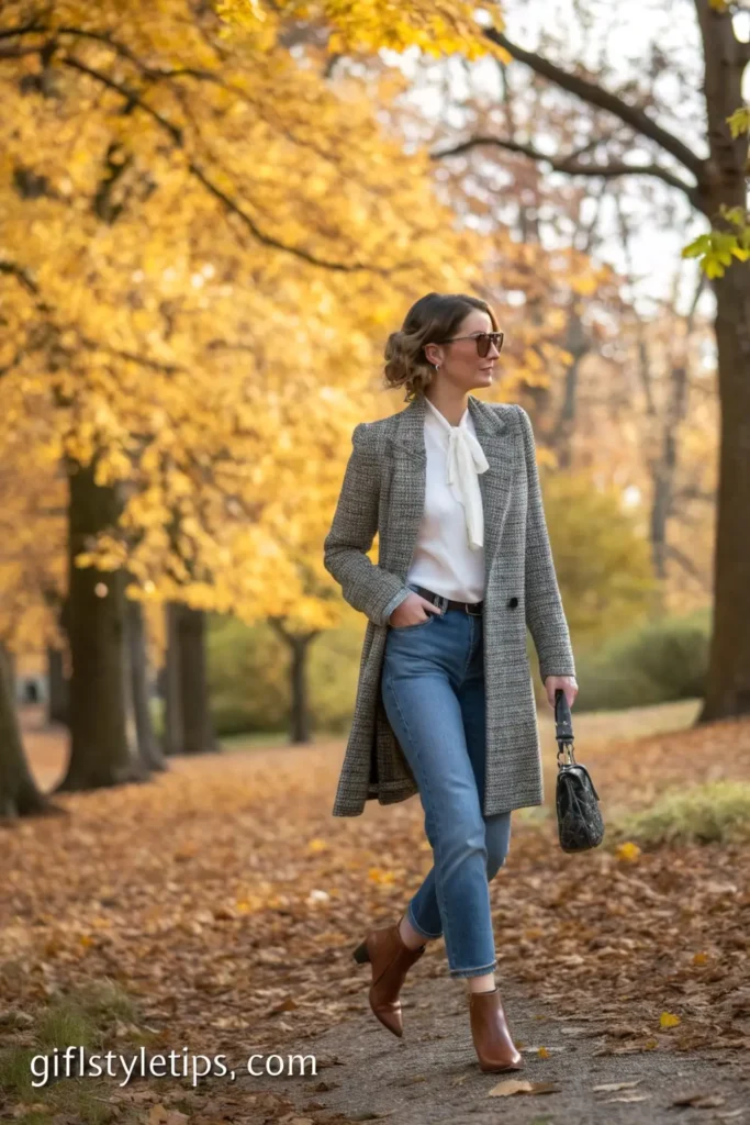 Woman in tweed jacket and jeans old money outfit in autumn park.