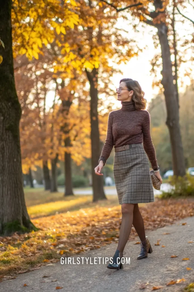 Woman in tweed skirt and turtleneck sweater old money fall outfit in park.