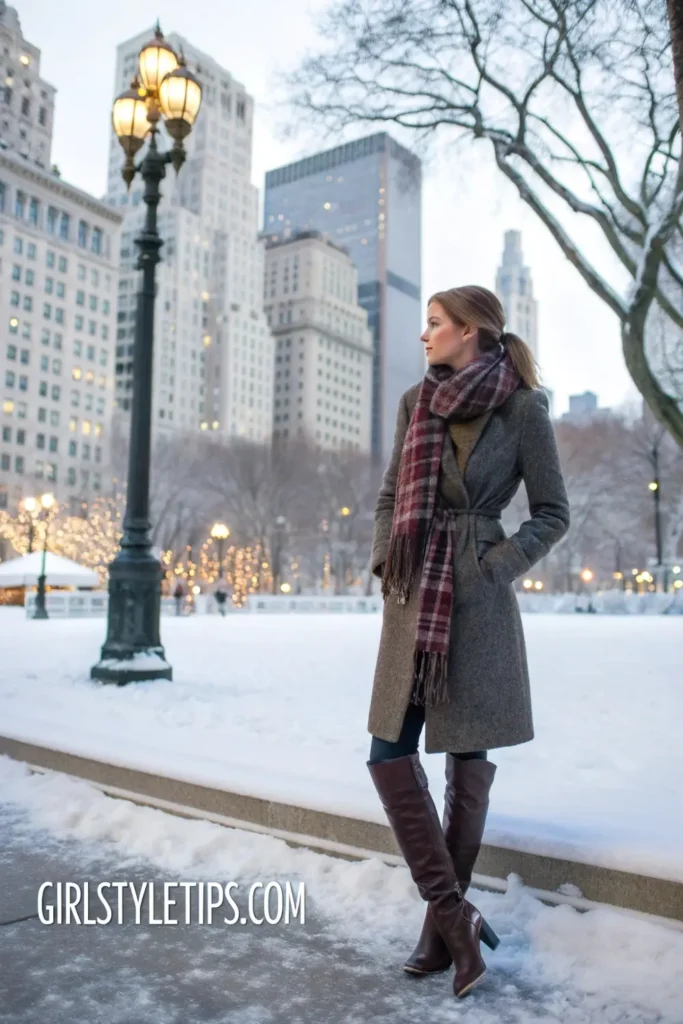 Woman in wool coat and plaid scarf old money winter outfit in the snow.
