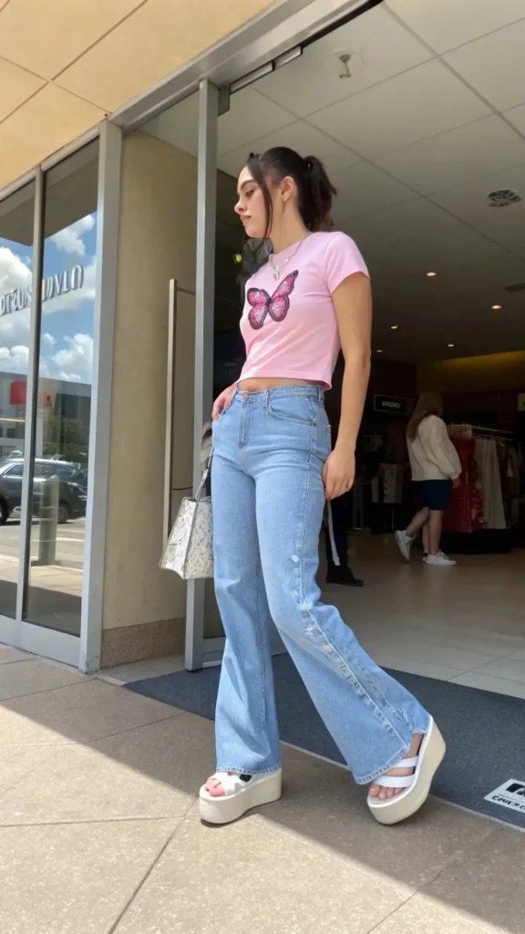 Woman sporting classic Y2K outfit with low-rise jeans and baby tee, embodying early 2000s mall fashion.