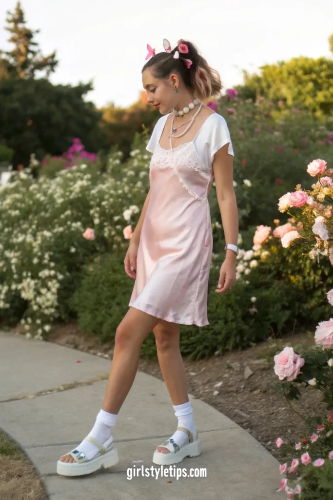 Woman wearing Y2K-inspired slip dress layered over tee with butterfly hair clips, capturing the feminine aesthetic of early 2000s fashion.