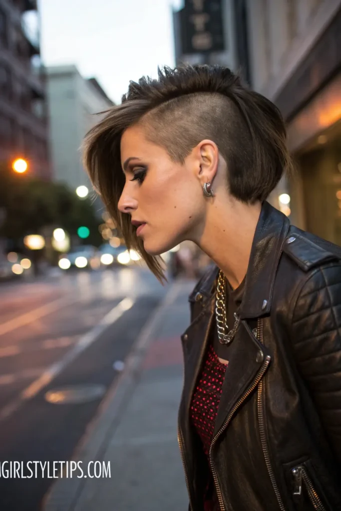 Woman with asymmetrical bob haircut featuring undercut detail, showing dramatic short hair style with length variation