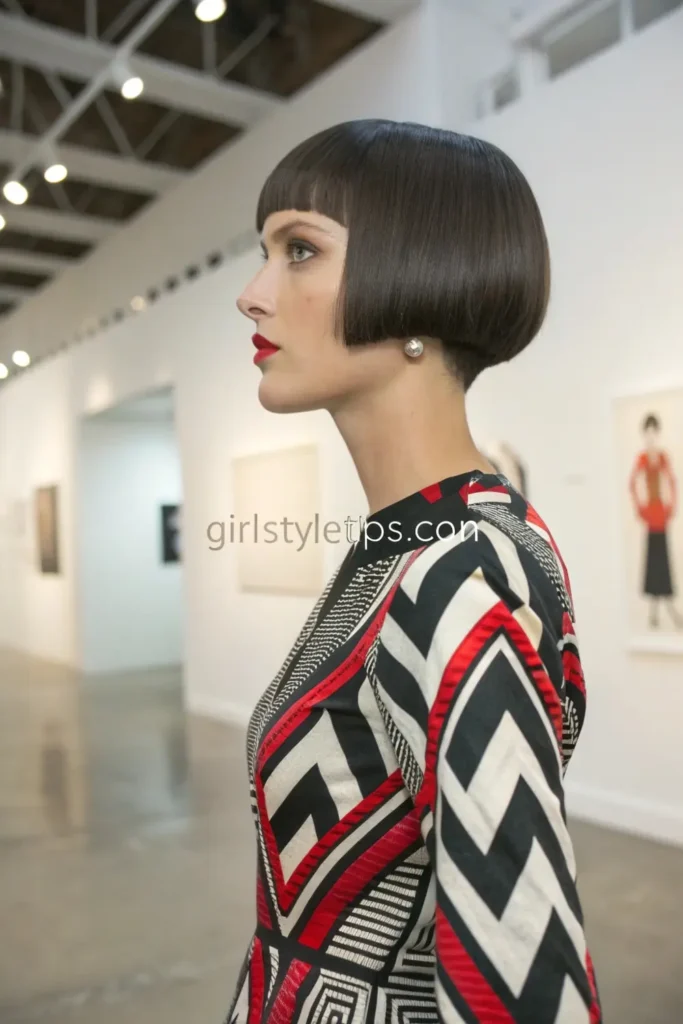 Woman with blunt chin-length bob and micro fringe, displaying architectural short hair style with precise cutting