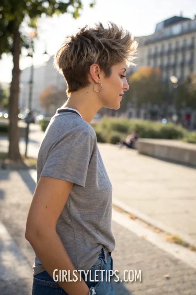 Woman with choppy pixie cut featuring subtle baby highlights, showing dimensional textured short hair style
