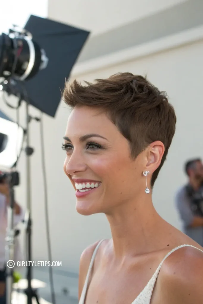 Woman with classic pixie cut and textured top, showing versatile short hair look for professional settings