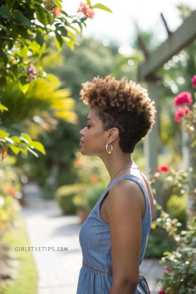 Woman with curly pixie cut showing defined coils on top with tapered sides, highlighting natural texture in short hair