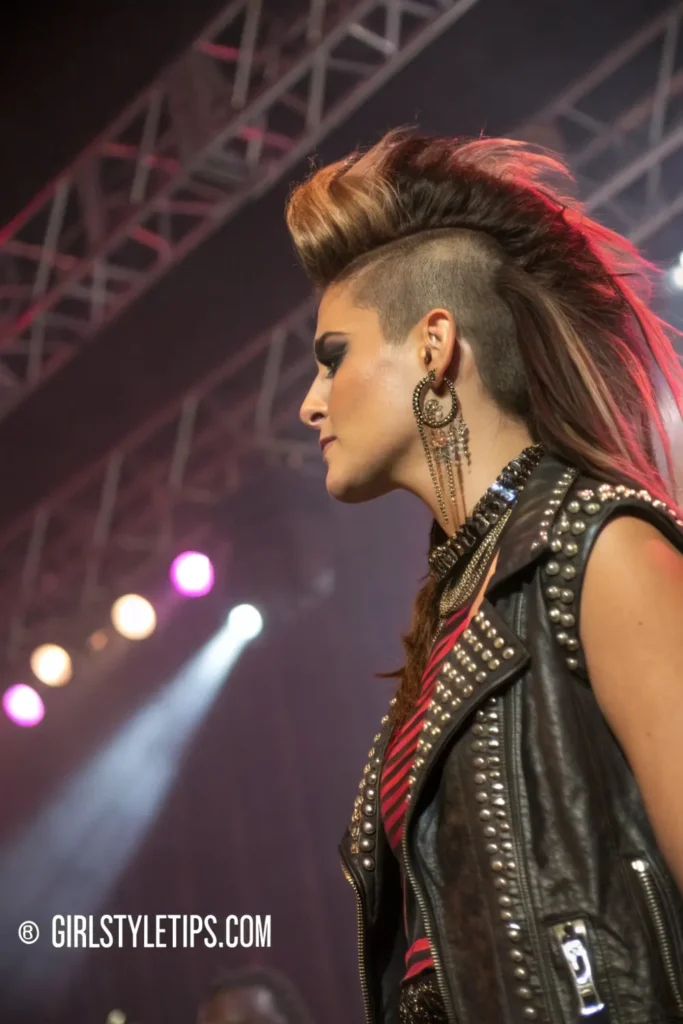 Woman with faux hawk hairstyle featuring faded sides and longer styled top, showing edgy short hair look