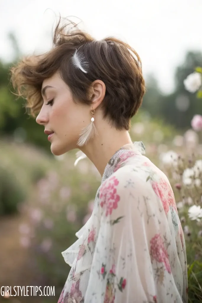 Woman with feathered pixie cut showing wispy detail at nape of neck, displaying soft feminine short hair style