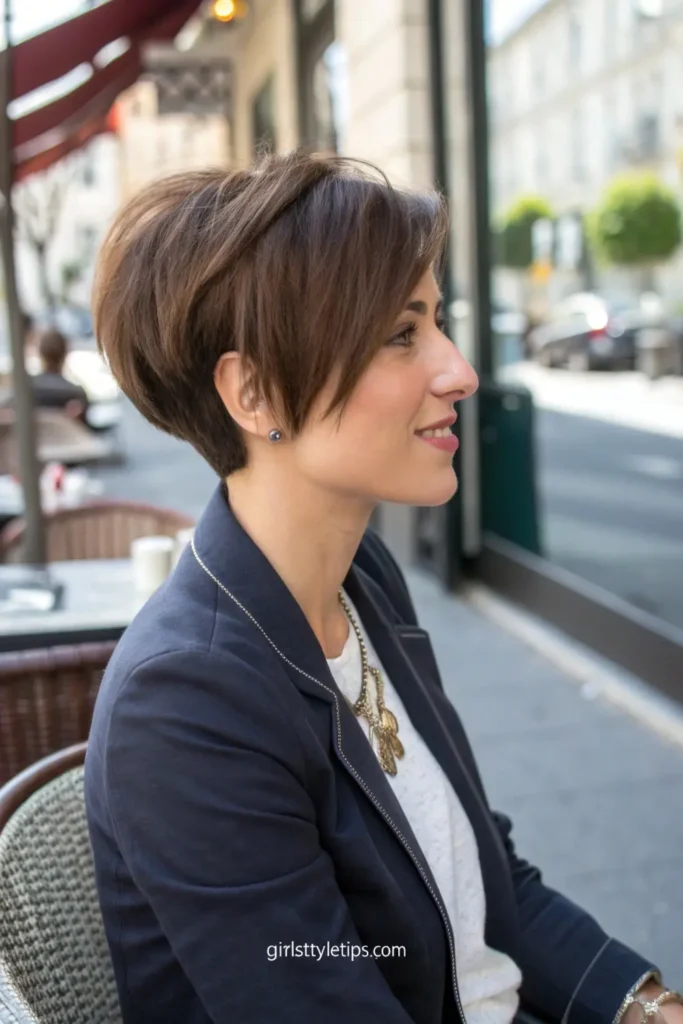 Woman with pixie-bob hybrid haircut featuring layered top and face-framing pieces, showing versatile short hair combination style