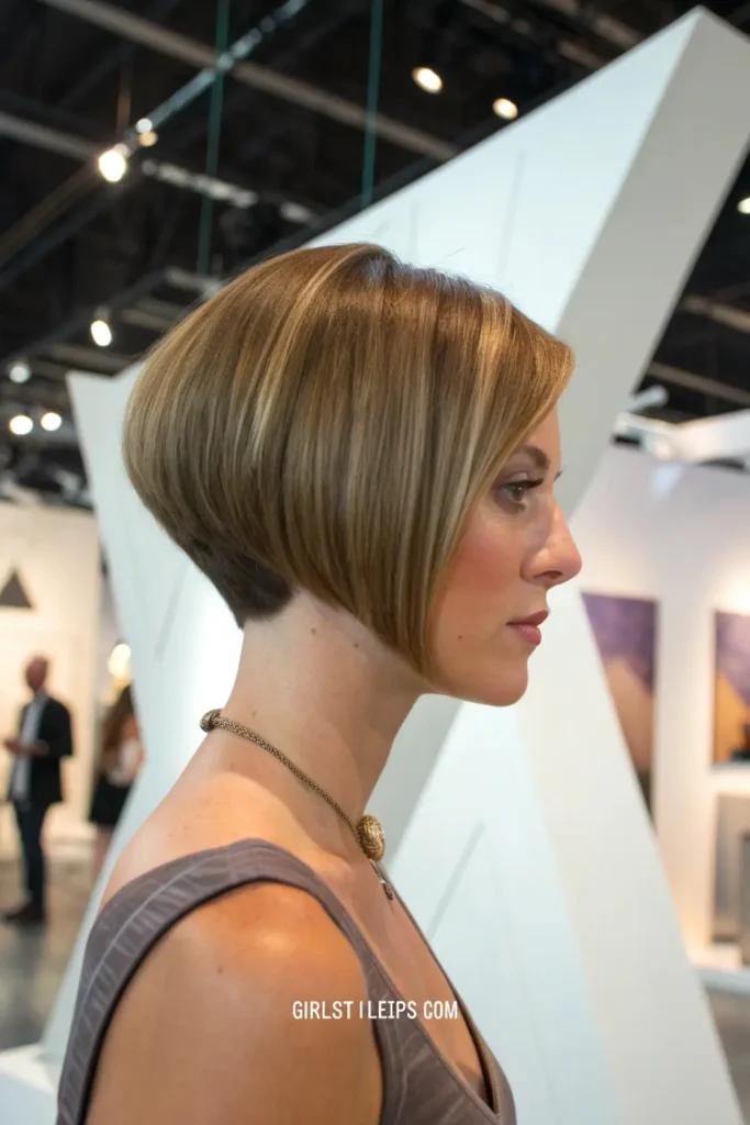 Woman with sharp angled bob haircut showing dramatic line from short back to longer front, displaying architectural short hair style