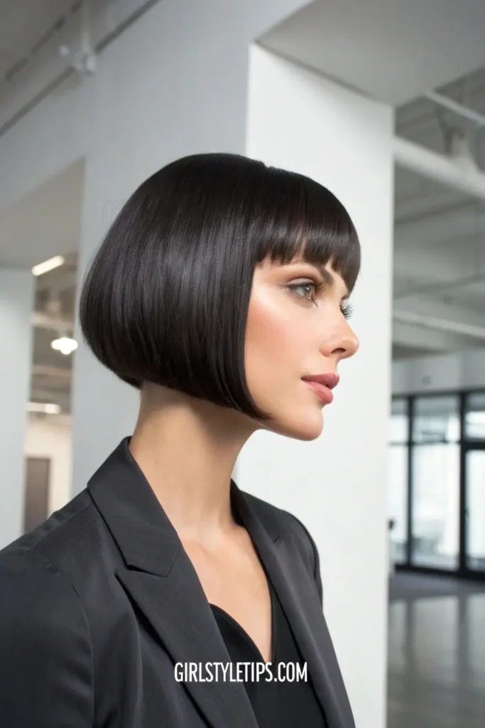 Woman with sleek bob haircut featuring blunt ends at jawline length, showing sophisticated short hair style