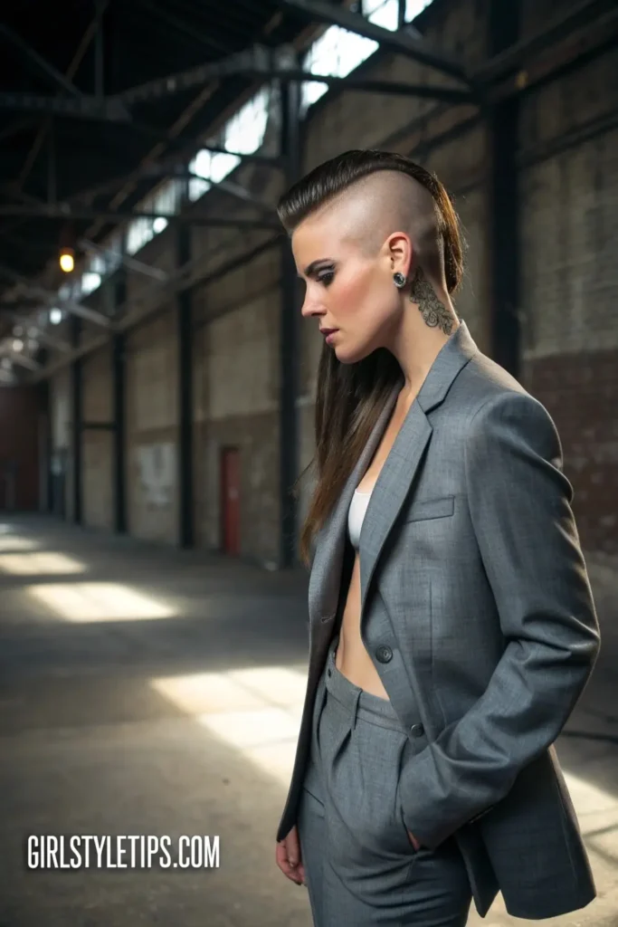 Woman with slicked-back undercut hairstyle showing contrast between longer top and shaved sides in short hair look