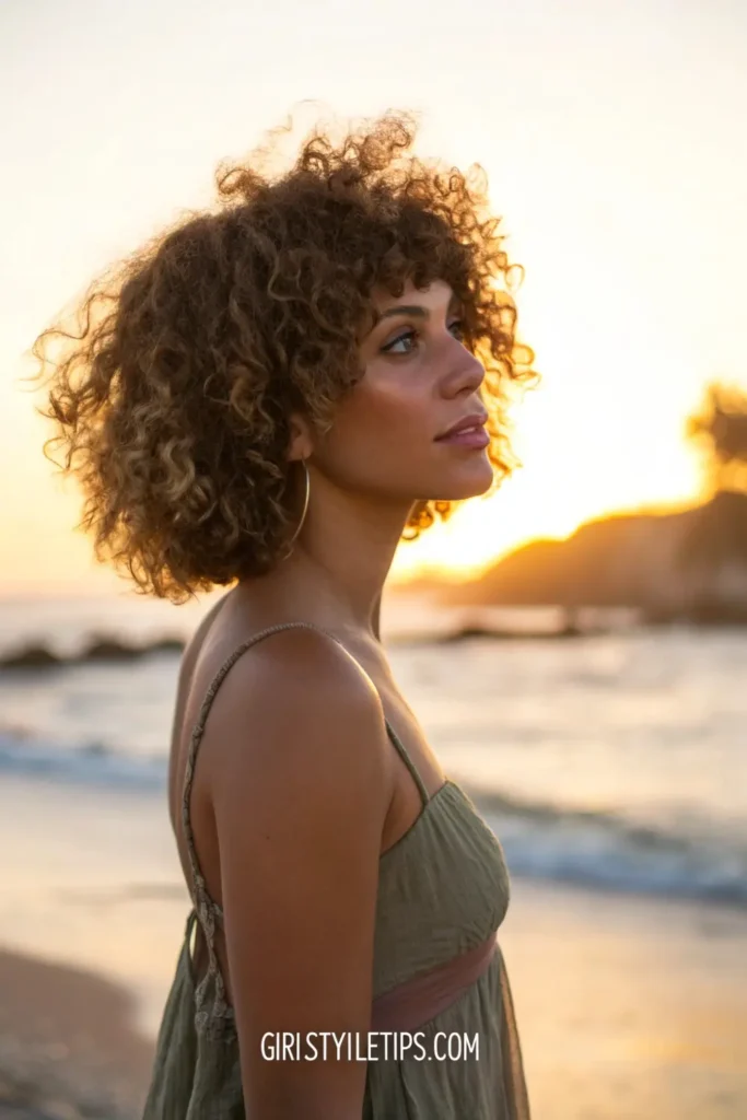 Woman with soft curly bob and bangs showing natural curl pattern in chin-length short hair style