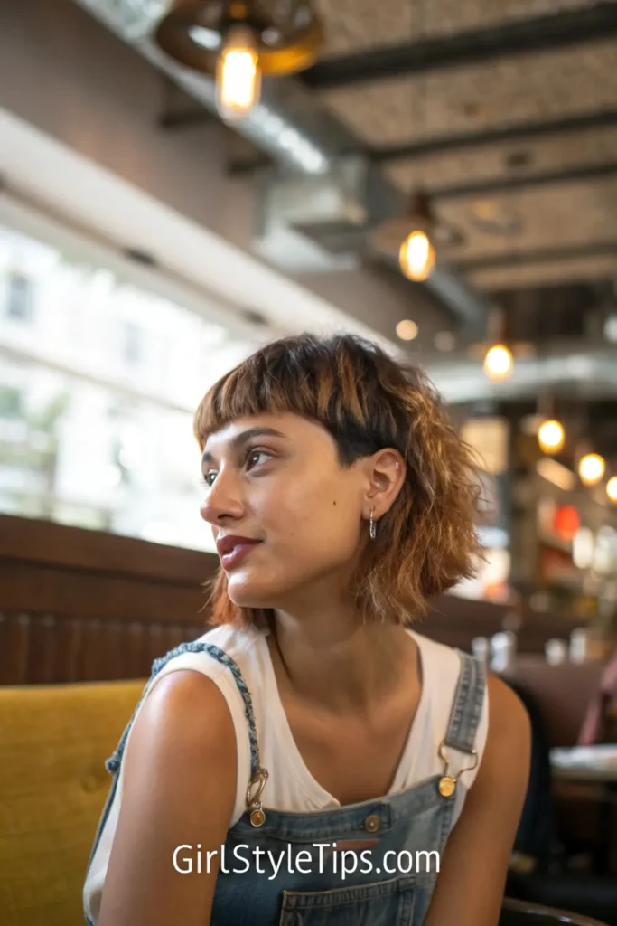 Woman with textured crop haircut featuring highlighted fringe, showing dimensional short hair with face-framing effect