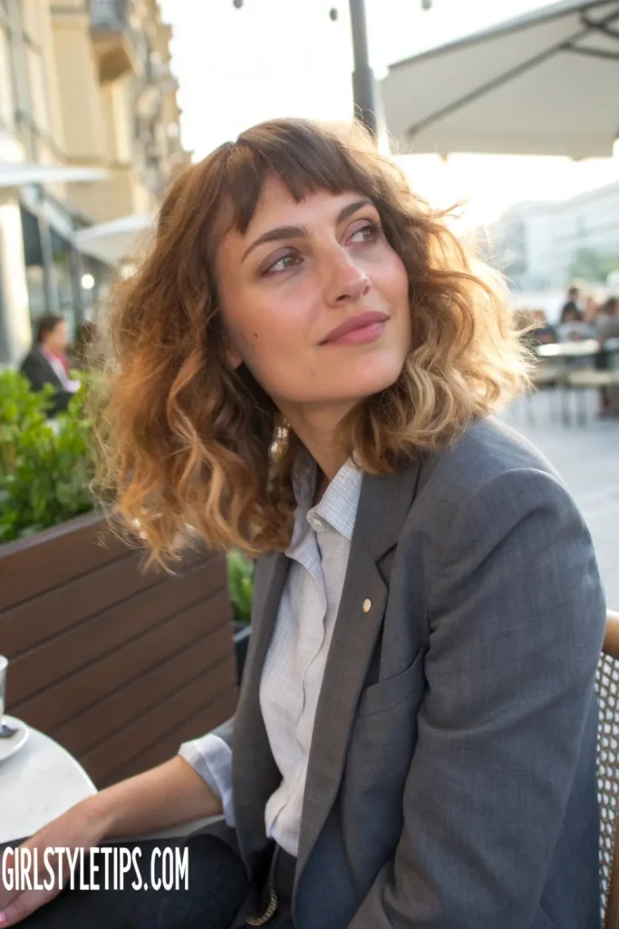 Woman with wavy lob haircut featuring face-framing money piece highlights, showing longer short hair style with dimensional color