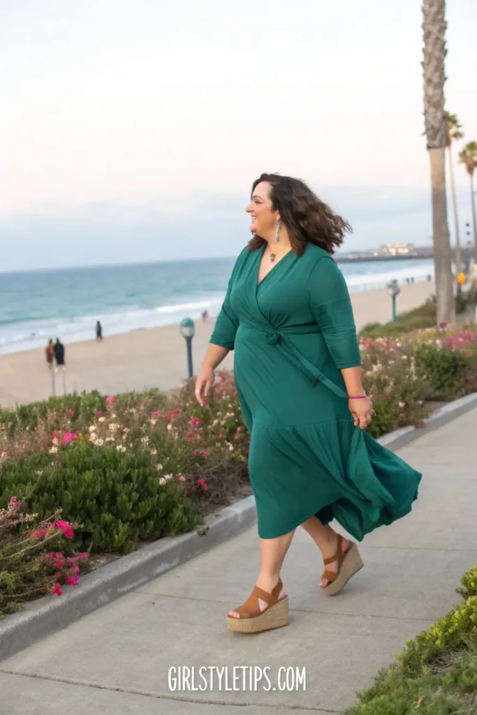 Wrap dress styling for plus size women - elegant spring 2025 outfit with espadrilles for curvy body shapes.