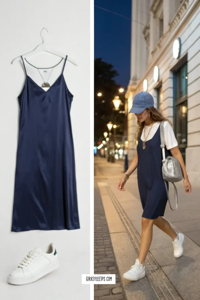 90s-inspired slip dress layered over white tee with sneakers - a cool-girl travel outfit blending comfort with trendy vintage vibes.