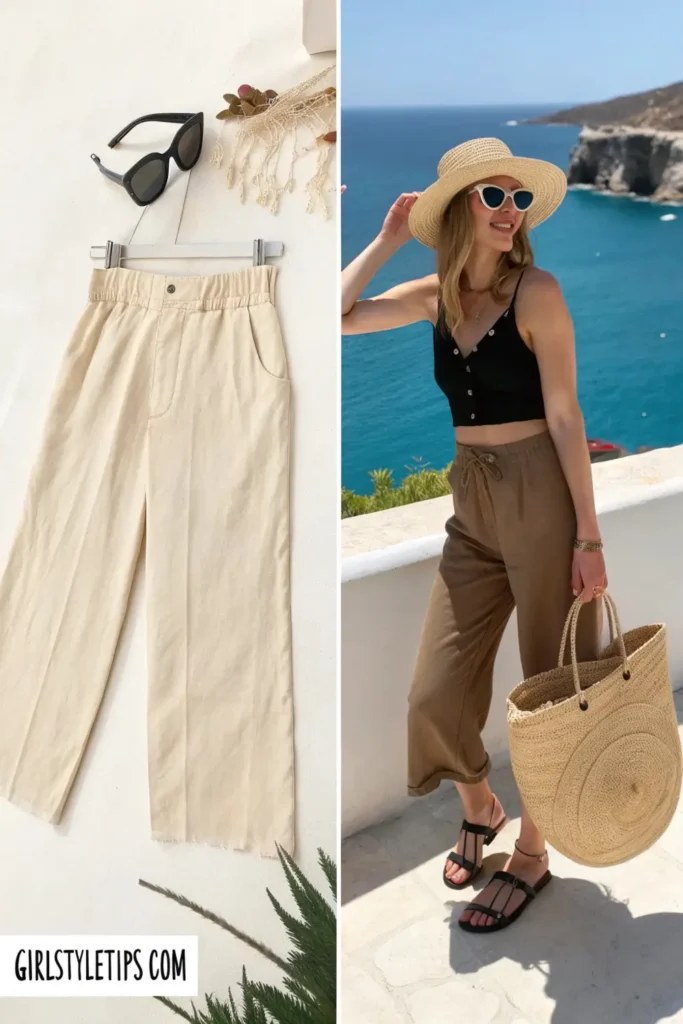 Breathable high-waisted linen pants with black crop top - an elegant yet comfortable Mediterranean-inspired travel outfit for warm destinations.