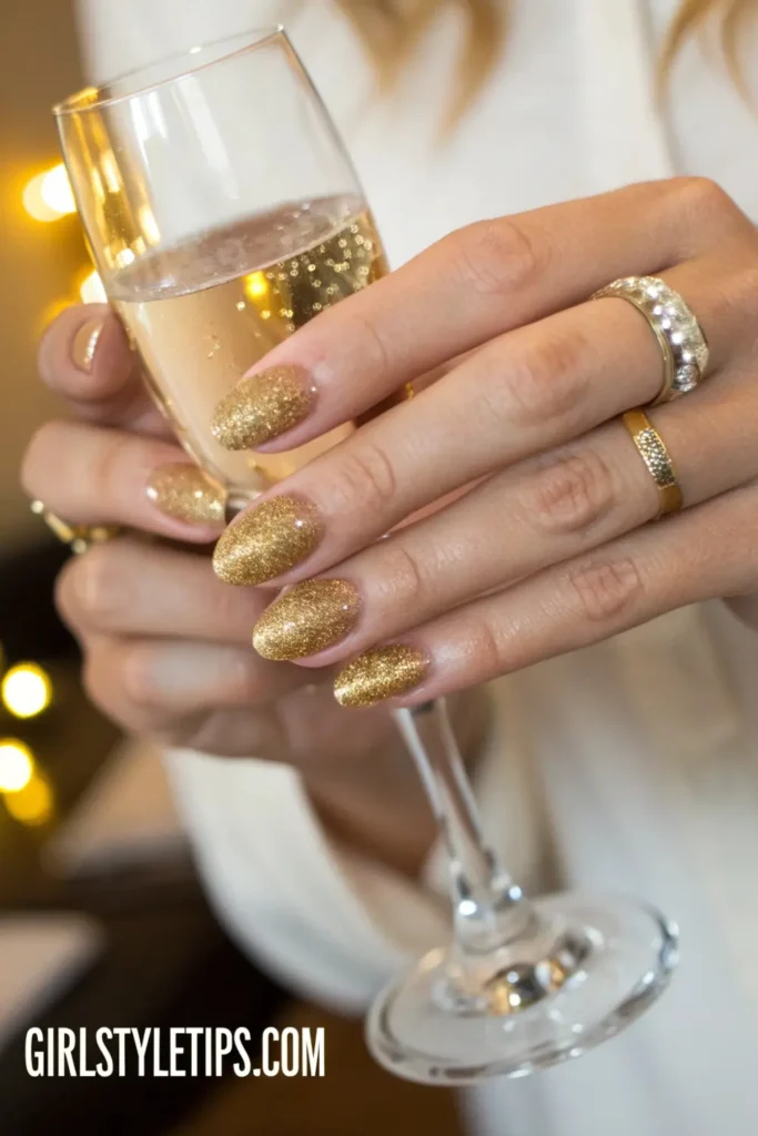 Champagne bubble glitter graduation nails with gold sparkle gradient for commencement celebration