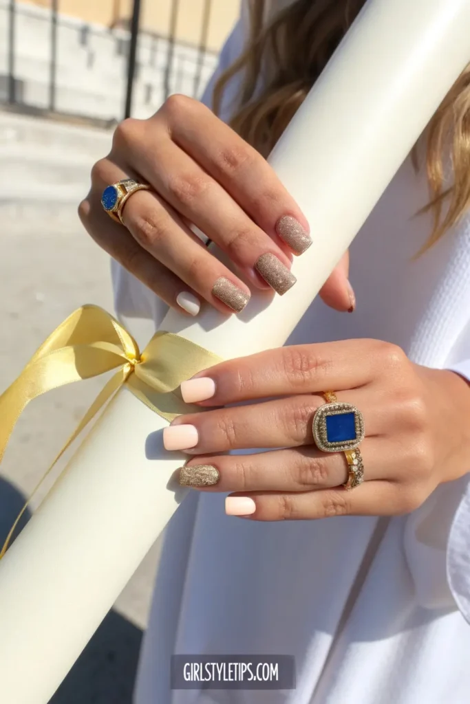 Class ring inspired graduation nails with school color stone design for commencement ceremony