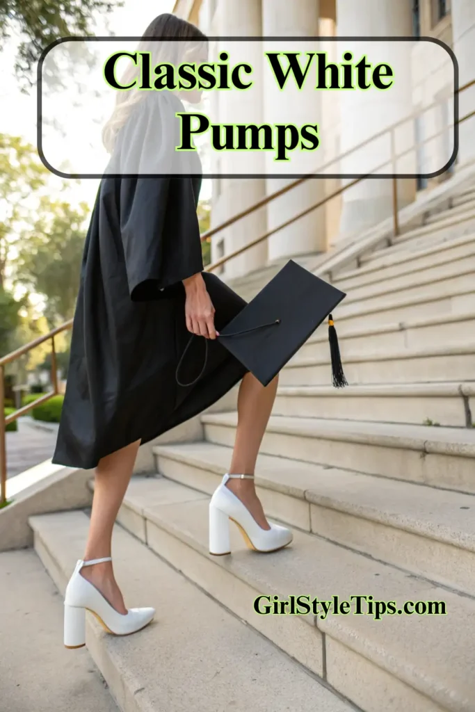 Classic white graduation shoes with comfortable block heels perfect for walking across the stage at commencement ceremonies.