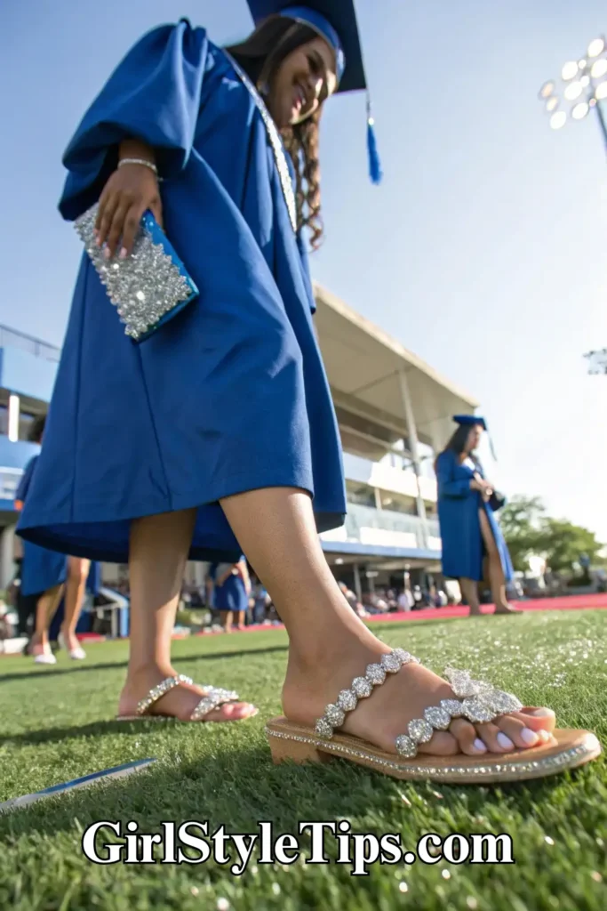 Comfortable embellished flat graduation shoes with crystal details, perfect for outdoor commencement ceremonies.