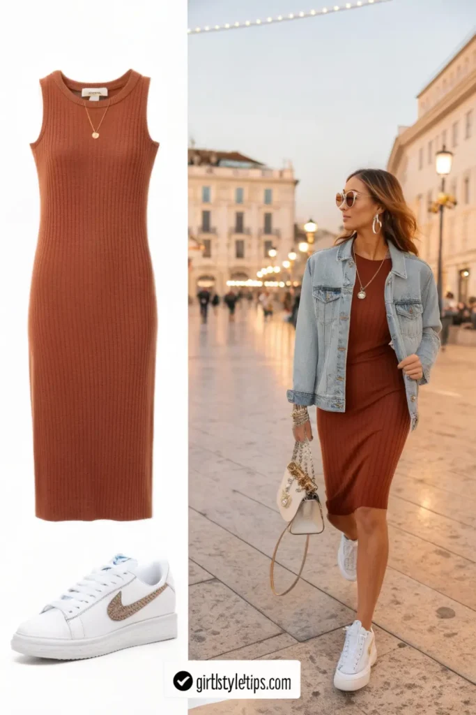 Comfortable ribbed midi dress paired with classic sneakers - a no-fuss travel outfit that easily transitions from day to night.