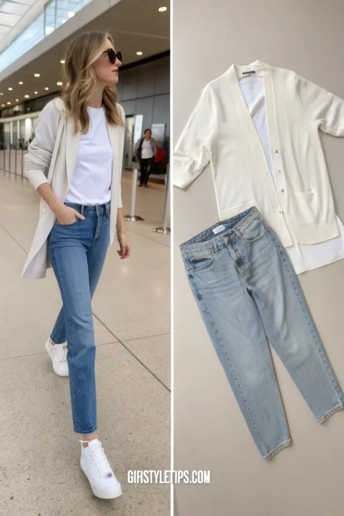 Comfortable travel outfit featuring light-wash mom jeans paired with white t-shirt and sneakers - perfect for all-day exploring while still looking put-together.
