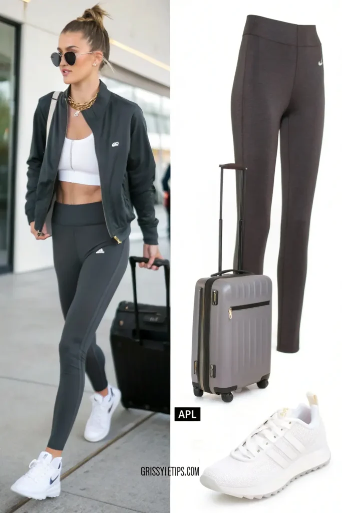Comfortable yet stylish athleisure travel set in soft dark gray - perfect for looking put-together during long flights.