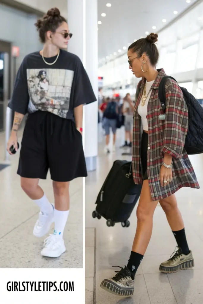 Comfy airport travel outfit with black bike shorts and oversized graphic tee - practical yet trendy for long travel days.
