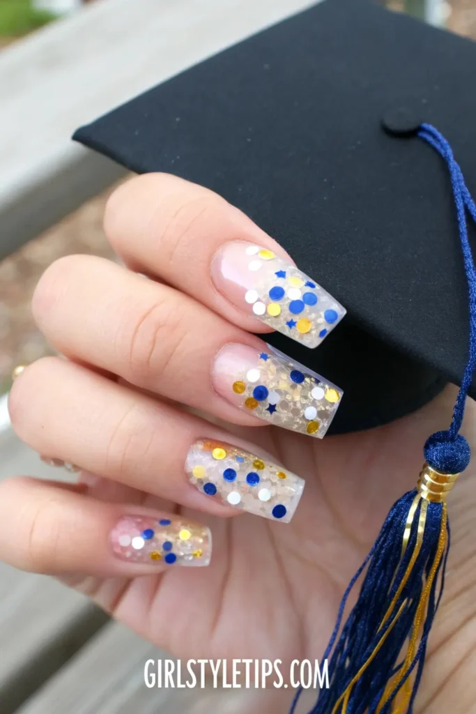 Confetti celebration graduation nails with colorful dots on clear base for commencement ceremony