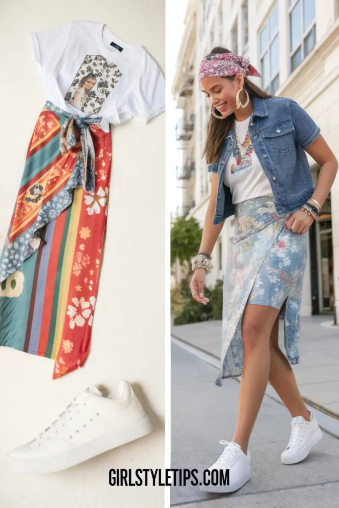 Creative wrap skirt and graphic tee combination - a playful travel outfit perfect for expressing personal style while exploring new destinations.